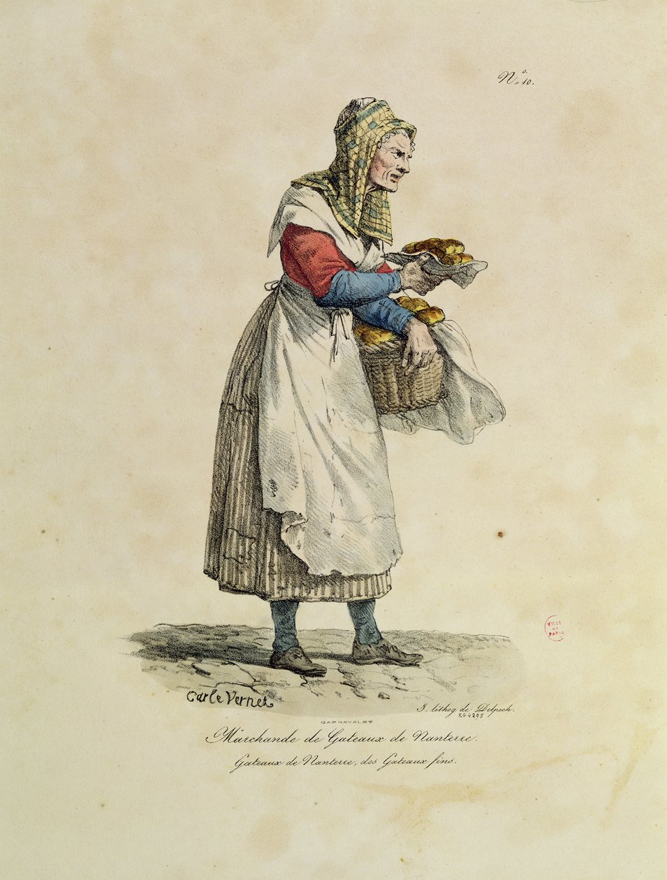 Nanterren kakkumyyjä, numero 10 Pariisin huudot -sarjasta, kaiverrus Francois Seraphin Delpech (1778-1825) (väri litho) tekijältä Antoine Charles Horace Vernet