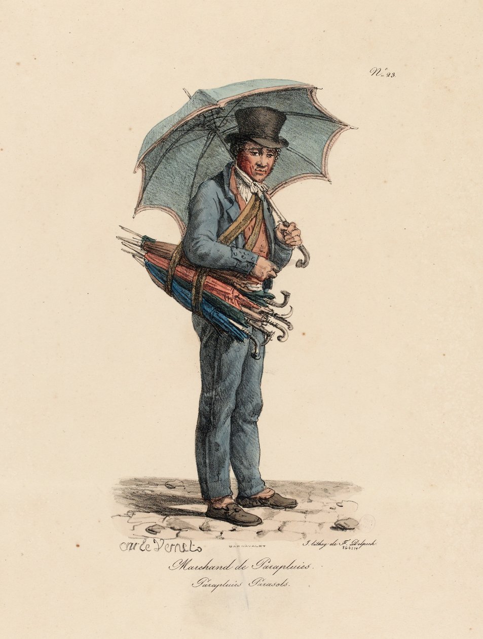 Sateenvarjo ja päivänvarjo myyjä, numero 23 Pariisin huudot -sarjasta, kaiverrus Francois Seraphin Delpech (1778-1825) tekijältä Antoine Charles Horace Vernet