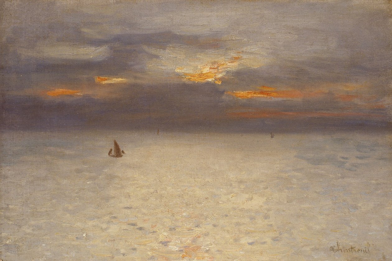 Avomeri, iltatunnelma; Boulogne, n.1869-72 (öljy kankaalle) tekijältä Antoine Chintreuil