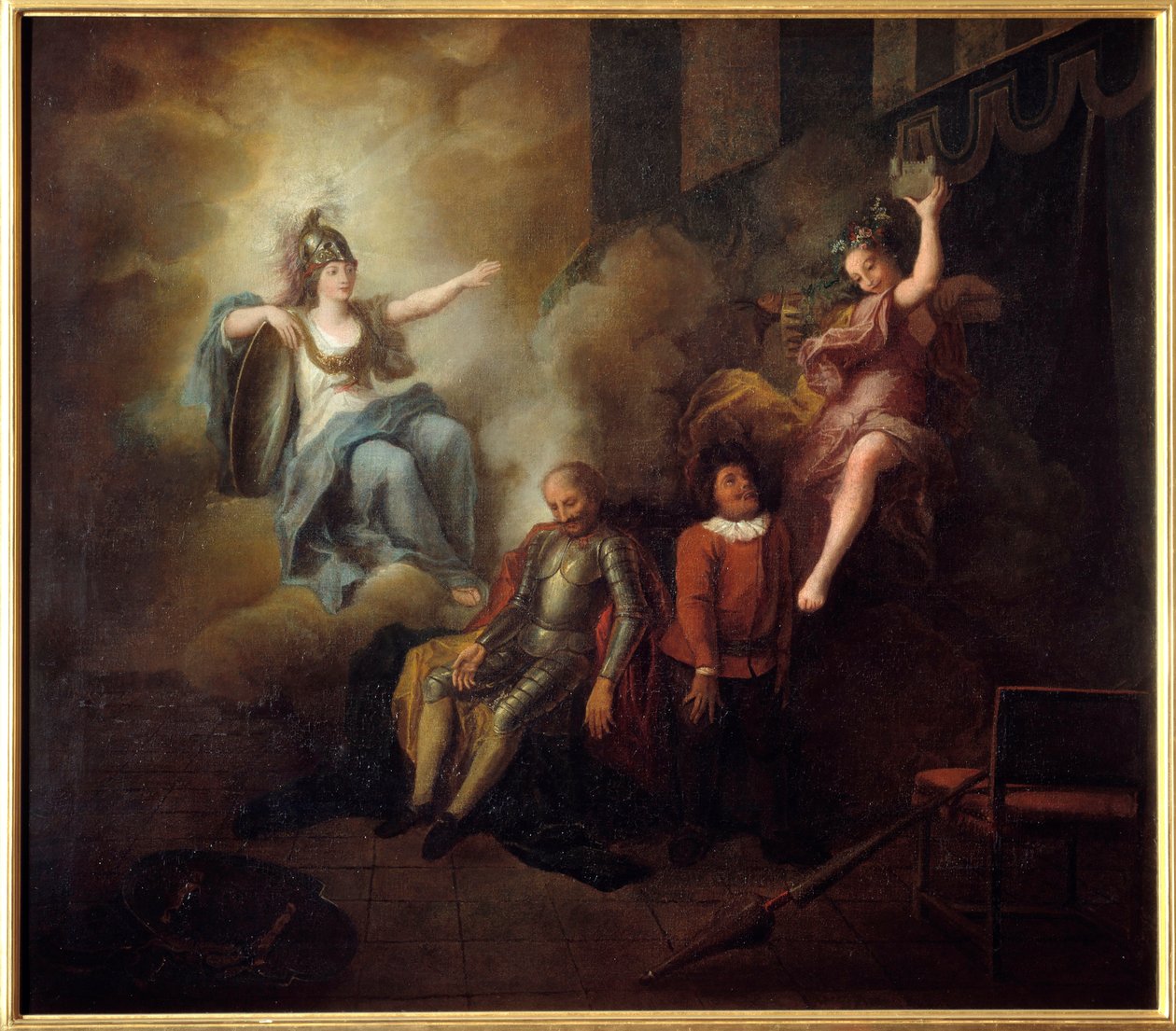 Don Quijote ilahduttaa hulluuttaan viisauden kautta. Miguel de Cervantes Saavedran (1547-1616) "Nerokas herrasmies Don Quijote La Manchasta". Charles Antoine Coypelin (1694-1752) maalaus vuosina 1714-1734. Öljy kankaalle. Mitat: 1,24 x 1,42 m. Compie tekijältä Antoine Coypel