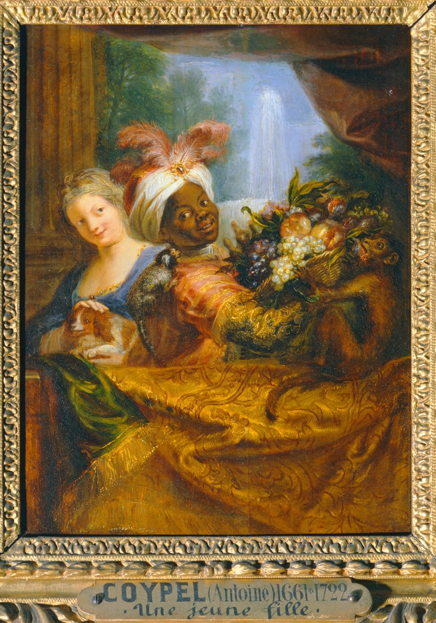 Nuori musta tyttö pitää hedelmäkoria ja nuori tyttö hyväilee koiraa - Jeune noir tenant une corbeille de fruits et jeune fille caressant un chien ... tekijältä Antoine Coypel