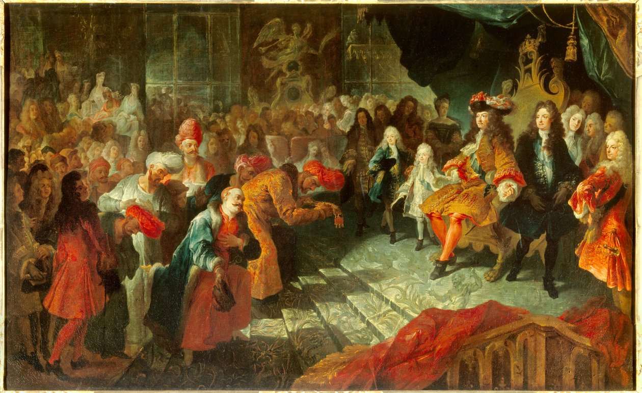 Kuningas Ludvig XIV (1638-1715) vastaanottaa Persian ylimääräisen suurlähettilään Mehemet Reza Beyn (Raza-Beyn) Versaillesin jäätelögalleriassa 19.2.1715 Antoine Coypelin (1661-1722) Sunin maalaus. 0,7x1,5 m tekijältä Antoine Coypel