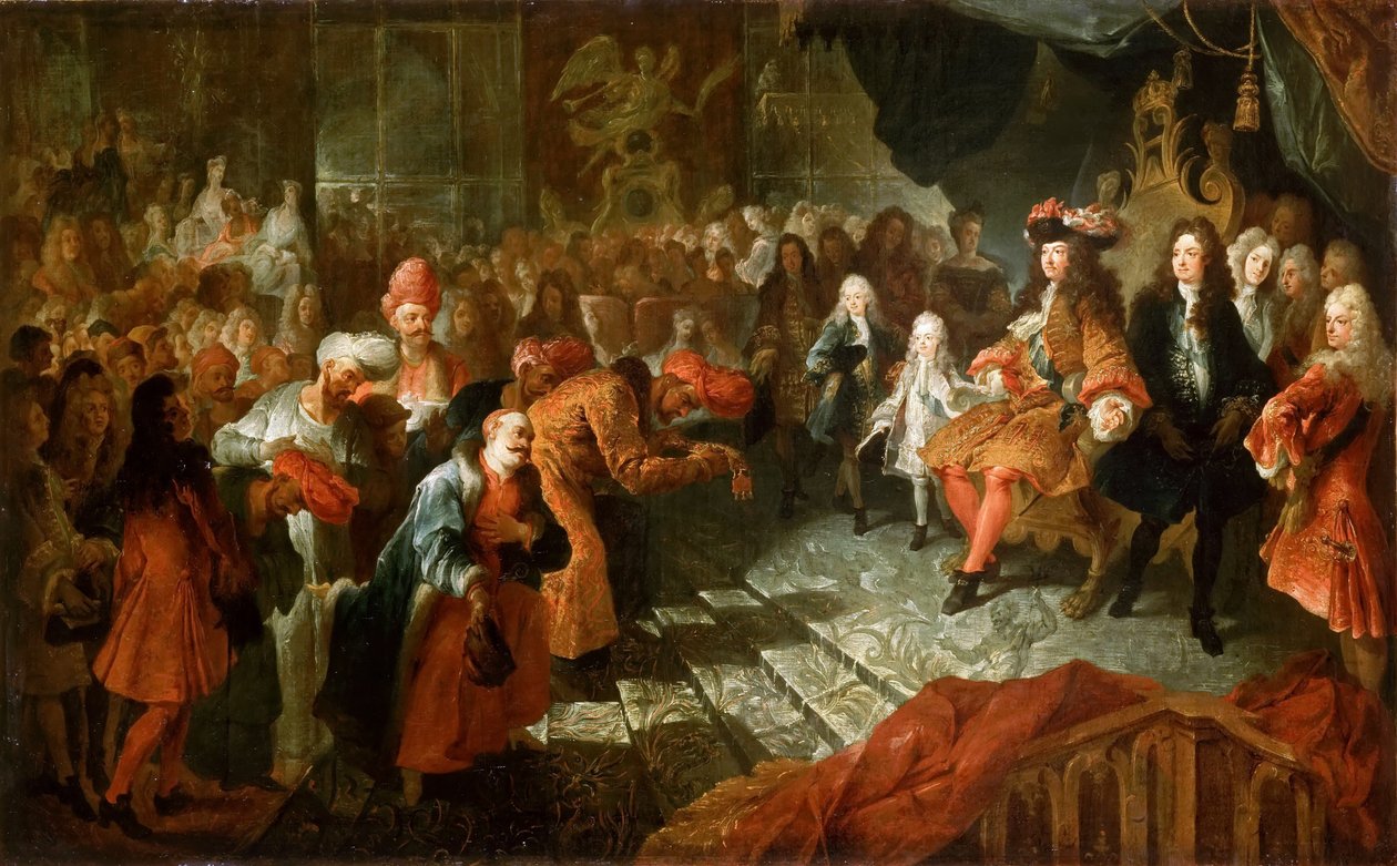 Ludvig XIV vastaanottaa Persian suurlähettilään Galerie des Glacesissa Versailles