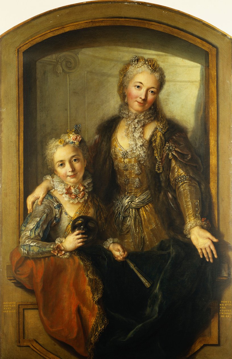 Madame Dupillen ja hänen tyttärensä muotokuva, keskivartalo, juhlapukuihin pukeutunut ikkunassa, 1733 tekijältä Antoine Coypel