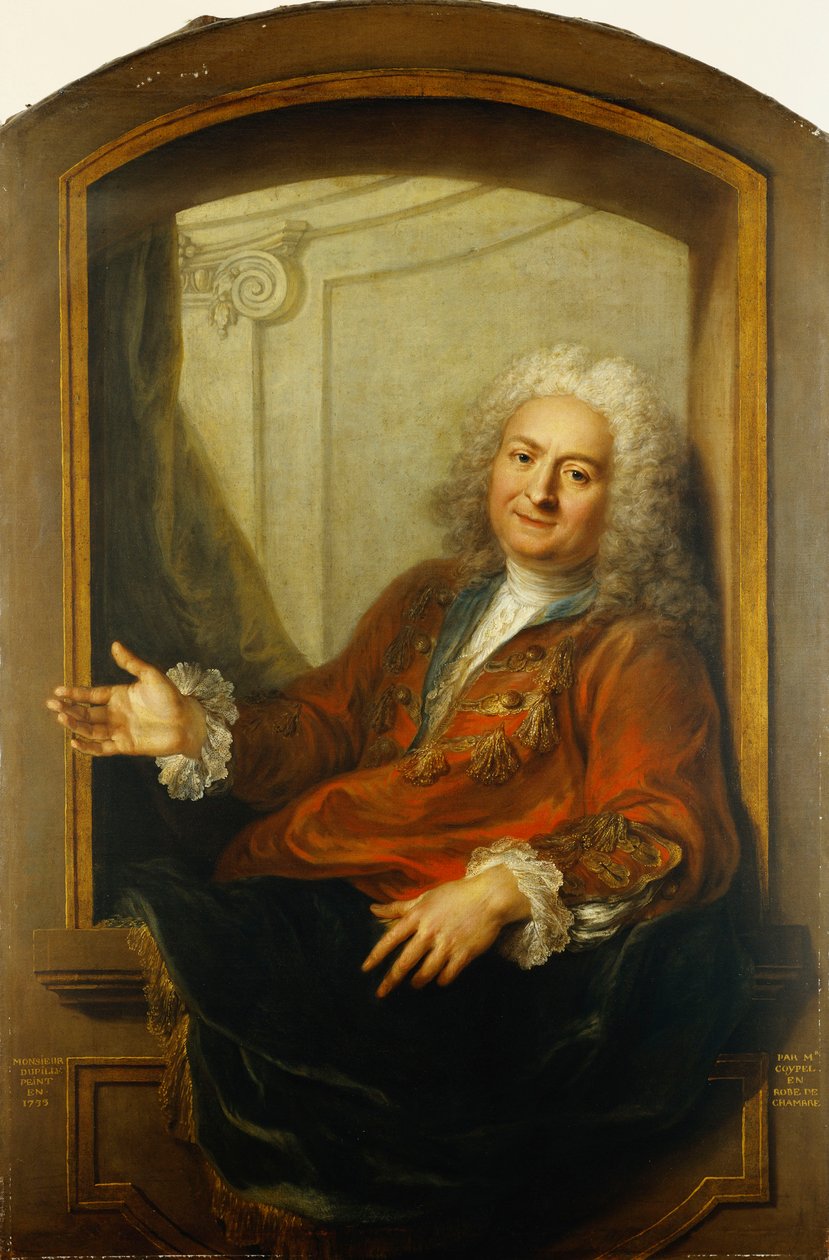 Muotokuva monsieur Dupillesta, keskivartalo, viittassa istumassa ikkunan reunalla, 1733 tekijältä Antoine Coypel