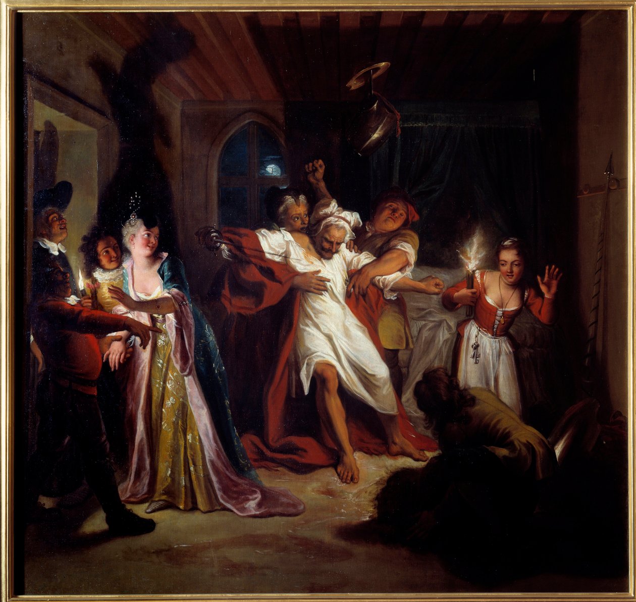Nukkuva Don Quijote taistelee nahkoja vastaan. Miguel de Cervantes Saavedran (1547-1616) "Nerokas herrasmies Don Quijote La Manchasta". Charles Antoine Coypelin (1694-1752) maalaus vuodelta 1716. Öljy kankaalle. Mitat: 1,23 x 1,28 m. Compiegne, Musee Natio tekijältä Antoine Coypel