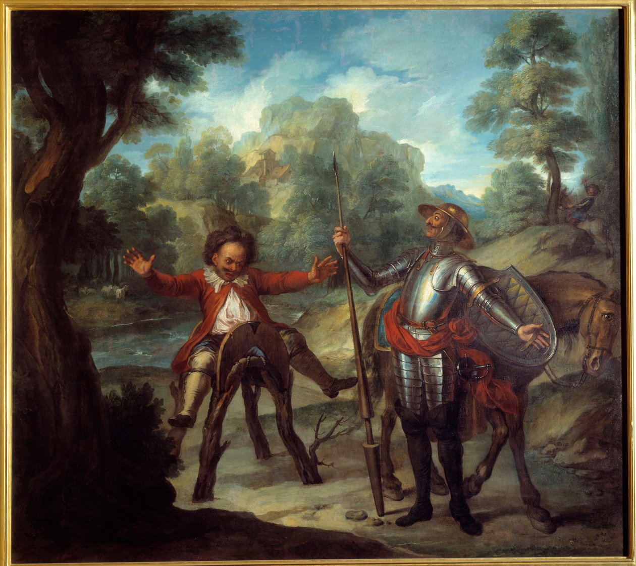 Tarina Don Quijotesta: Sancho herää ja ei epätoivoisesti löydä rakastettua Grisonia. Miguel de Cervantes Saavedran (1547-1616) "Nerokas herrasmies Don Quijote La Manchasta". Charles Antoine Coypelin (1694-1752) maalaus tekijältä Antoine Coypel