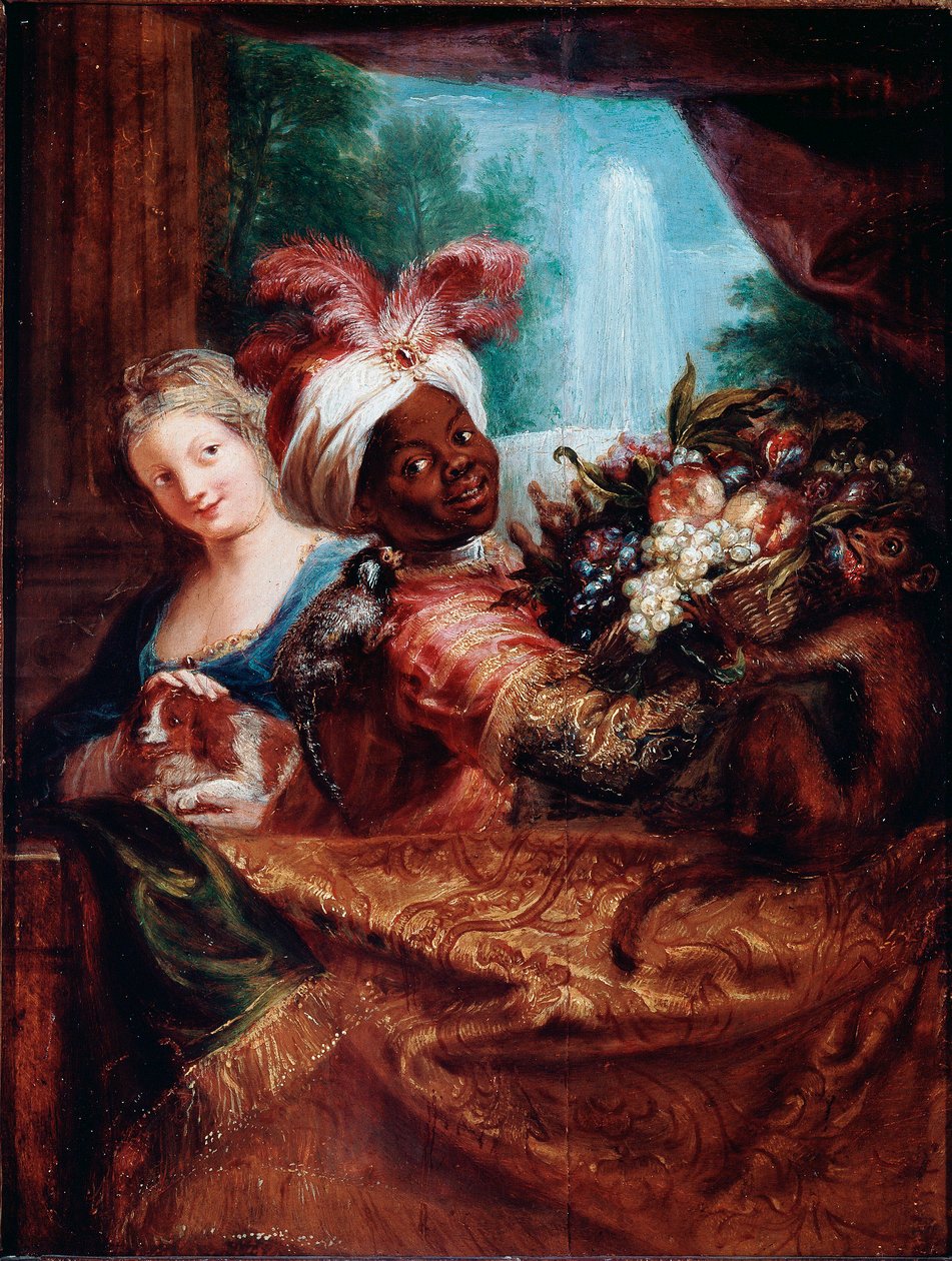 Nuori tyttö silitti koiraa ja musta palvelija esittelee hedelmäkorin Pieni apina makaa olkapäällään. Antoine Coypelin (1661-1722) maalaus Sun. 28x21,5 cm Pariisi, Musee du Louvre tekijältä Antoine Coypel