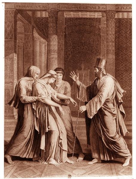 Ester ennen Assuerusta, kuvitus Jean Racinen (1639-99) teoksesta Ester, kaiverrettu Mathieun toimesta (kaiverrus) (s/w-kuva). tekijältä Antoine Denis (after) Chaudet