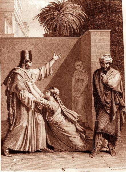 Esther rukoilee Assuerusta Amanin läsnäollessa, kuvitus Jean Racinen (1639-99) Estheristä, kaiverrettu J.J. Coiny (kaiverrus) (m/w kuva) tekijältä Antoine Denis (after) Chaudet