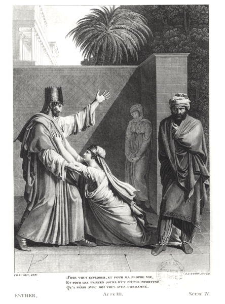 Esther rukoilee Assuerusta Amanin läsnäollessa, Jean Racinen (1639-1699) kuvitus Estheristä, kaiverrettu J.J. Coiny (1761-1809) tekijältä Antoine Denis Chaudet