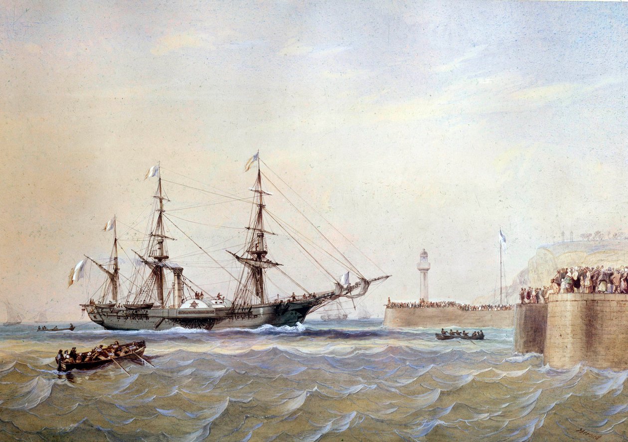 Pyörälaiva palaamassa Le Havren satamaan 1800-luvulla Antoine Desire Heroultin akvarelli (1802-1853) 1800-luvun Pariisi, Musee de la Marine tekijältä Antoine Desire Heroult