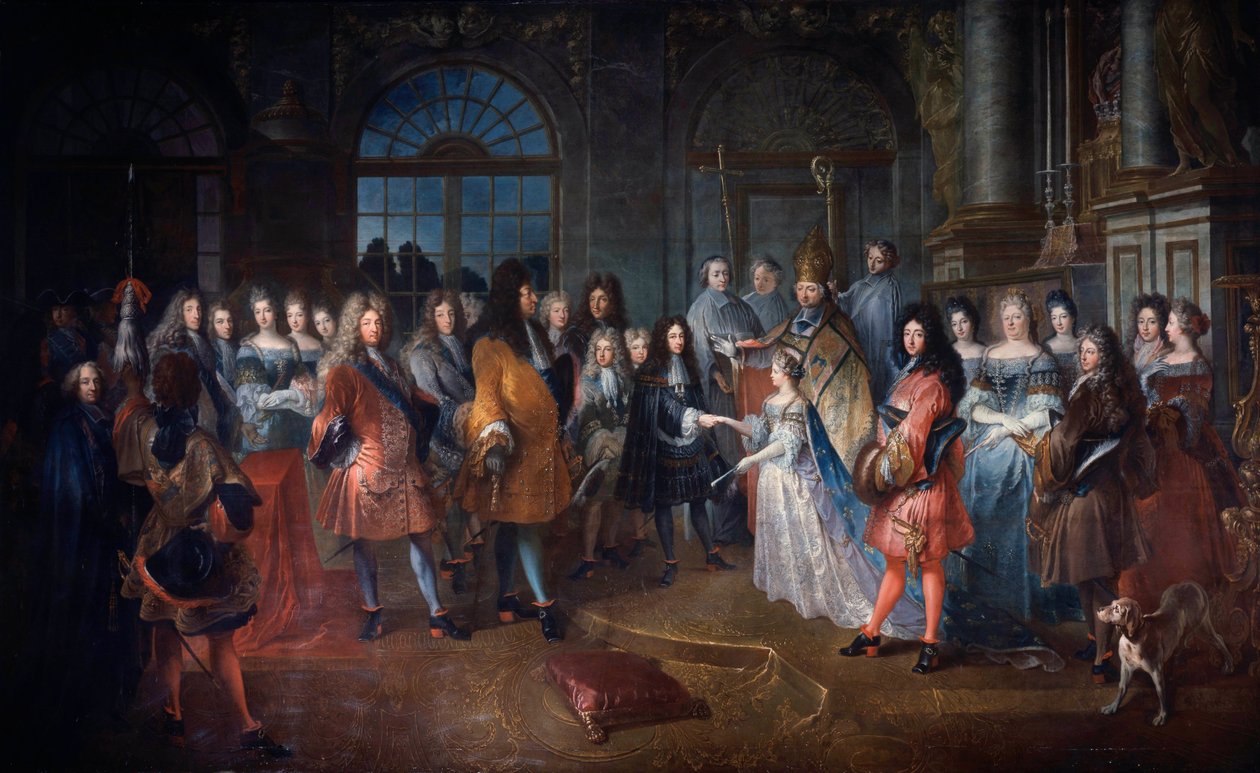 Louis de Francen Burgundin herttuan ja Marie Adelaiden avioliitto Savoylaisen 7.12.1697 Seremonia pidetään kuningas Ludvig XIV:n (1638-1715) läsnä ollessa keskellä. Nuoret naimisiin menneet ovat kardinaali de Coislinin siunauksia. Antoine Dieun maalaus (16 tekijältä Antoine Dieu
