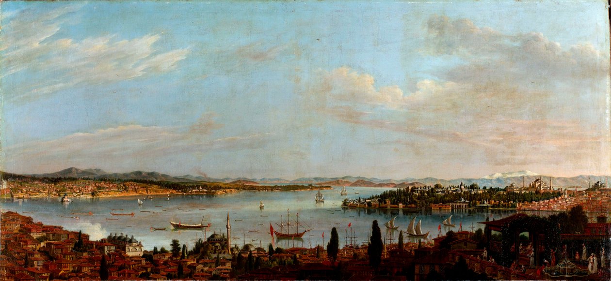 Panoraamanäkymä Istanbuliin, Turkki"" (Istanbulin panoraamanäkymä) Antoine Favray (1706-1791) maalaus Öljy kankaalle 1700-luku Dim 100x213 cm Pera Museum, Istanbul tekijältä Antoine Favray