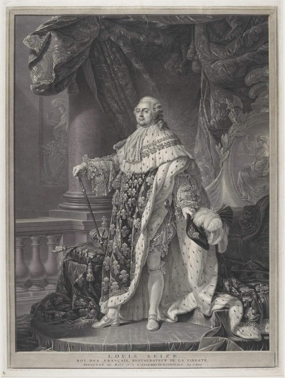Le Sacre - Kuningas Ludvig XVI:n muotokuva kruunajaisissa, kaiverrus Charles-Clément Bervic (1756-1822) tekijältä Antoine Francois (after) Callet