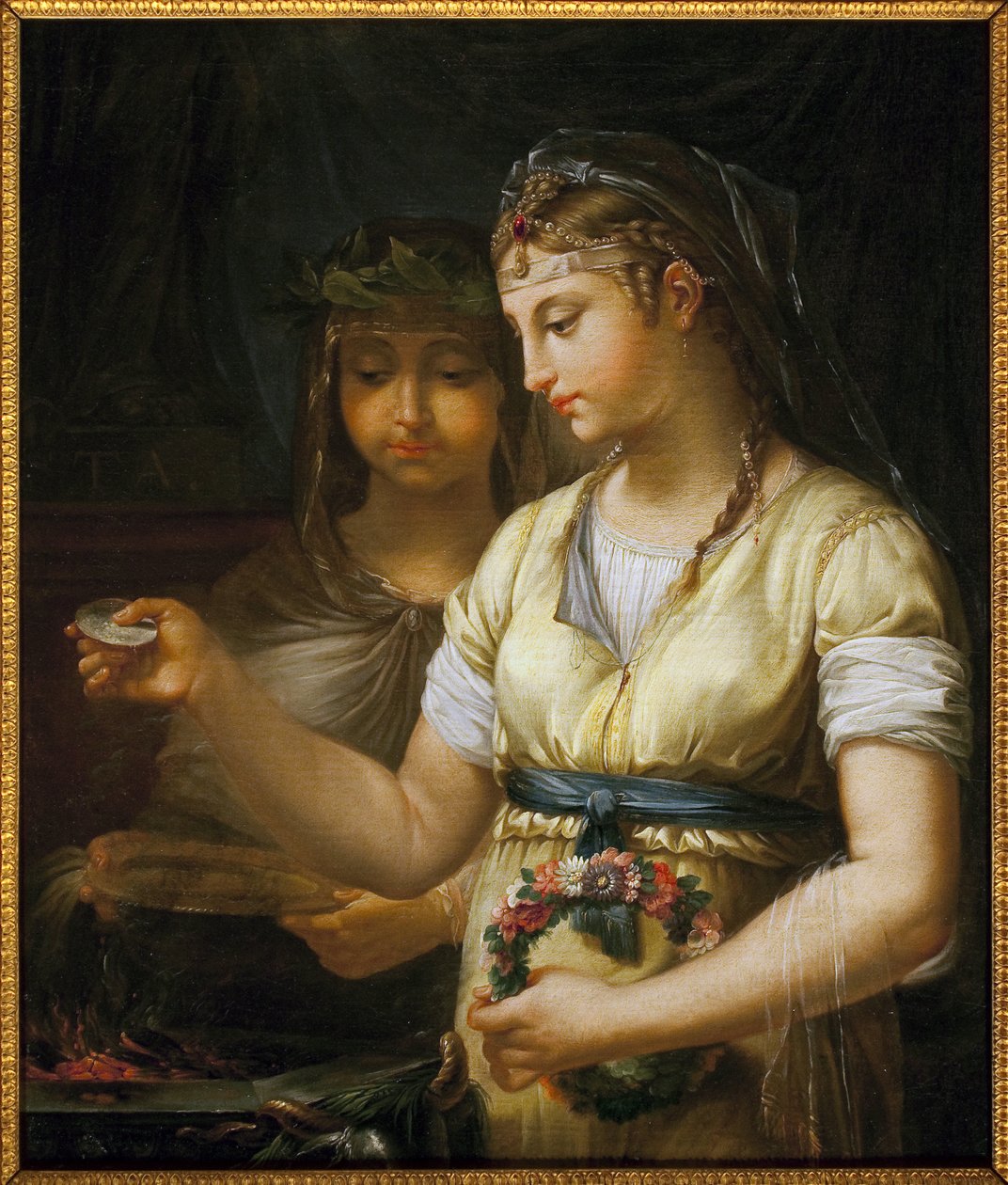 Kaksi vestaalia valmistamassa uhria. Maalaus Antoine Francois (Antoine-Francois) Callet (1741-1823), öljy kankaalle tekijältä Antoine François Callet