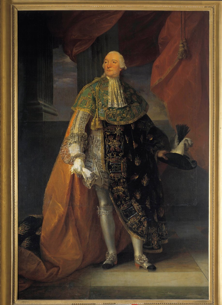 Täyspitkä muotokuva Louis Philippe II Josephista, Orléansin herttuasta (1747-1793), joka tunnetaan nimellä Philippe Egalite Pyhän Hengen ritarikunnan koko puvussa (Pyhän Hengen ritarikunta) Antoine Francois (Antoine-Francois) Calletin maalaus ( 1741-1823) tekijältä Antoine François Callet