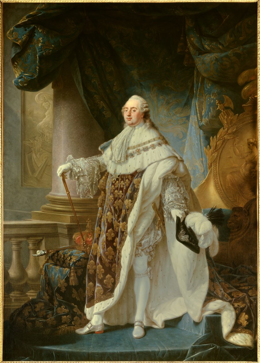 Muotokuva en pied du roi de France Louis XVI (1754-1793), yllään suuri kuninkaallinen puku vuonna 1779 Antoine Francois (Antoine-Francois) Calletin (1741-1823) maalaus 1779 Dim. 2,7x1,89 m - - Ranskan kuninkaan Ludvig XVI:n (1754-1793) muotokuva hänen koro tekijältä Antoine François Callet