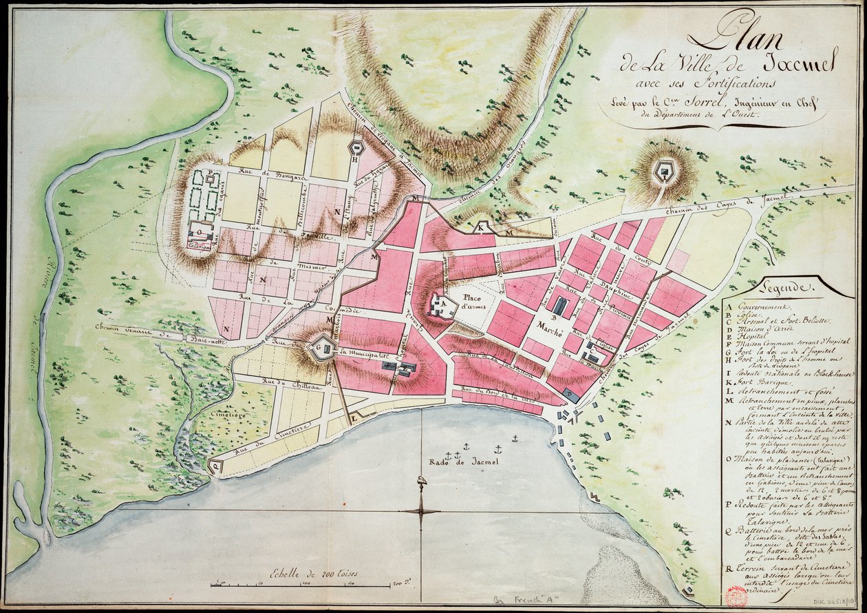 Jacmelin kaupungin suunnitelma linnoituksineen tekijältä Antoine François Sorrel des Rivieres