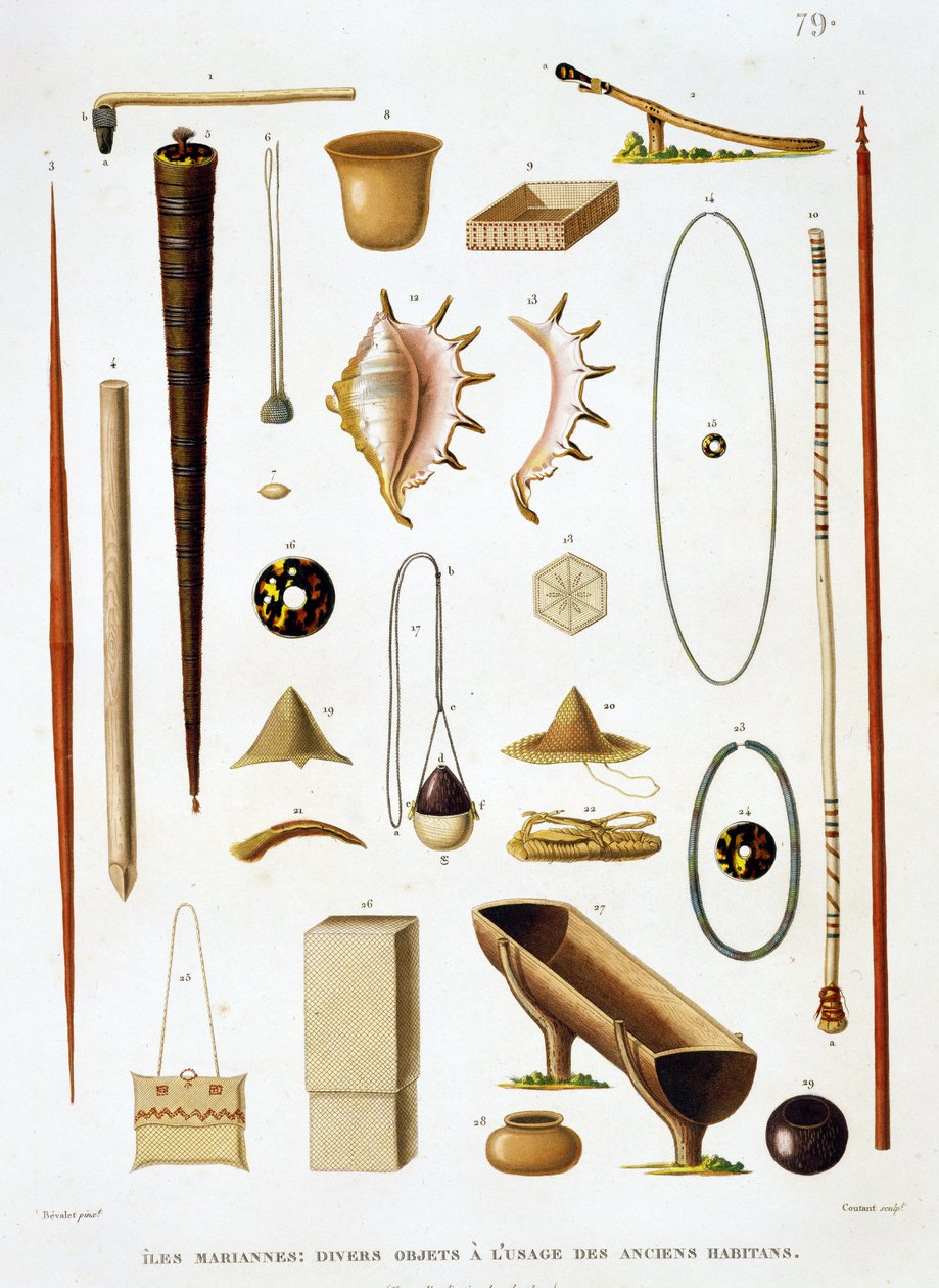 Talousvälineet ja aseet Mariaanisaarilta, Voyage autour du Monde (1817-20), Louis Claude De Saulces de Freycinet (1779-1842), kaiverrus Jean Louis Denis Coutant (1776-1831), s. tekijältä Antoine Germain Bevalet