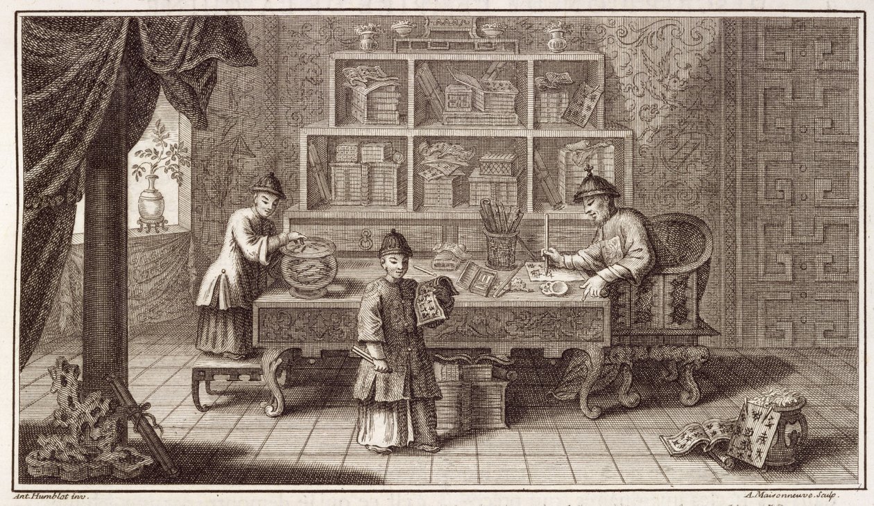 Kiinalainen kalligrafiakauppa, Alankomaiden Kiinan suurlähetystön kertomuksesta, kaiverrus A. Maisonneuve, noin 1670-luku tekijältä Antoine Humblot
