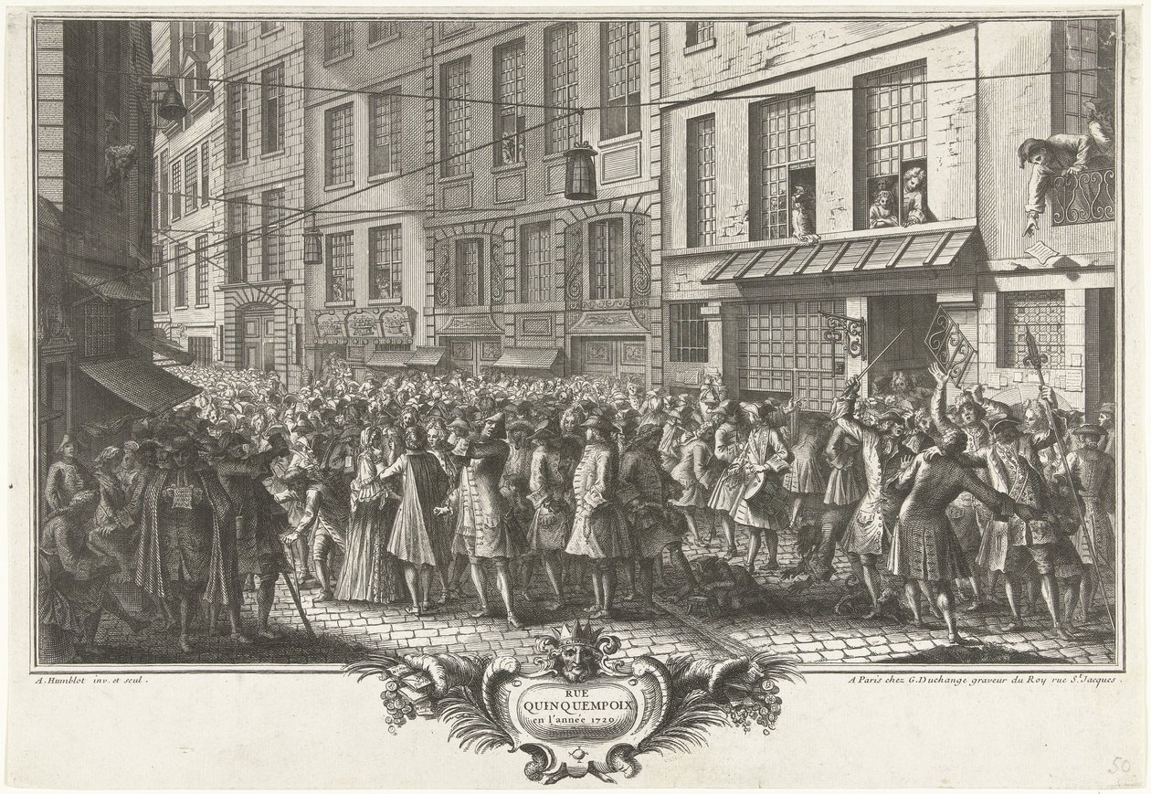 Rue Quinquempoix, 1720 Rue Quinquempoix vuonna 1720 (otsikko esineessä) Het Groote Tafereel der Dwaasheid (sarjan nimi) tekijältä Antoine Humblot