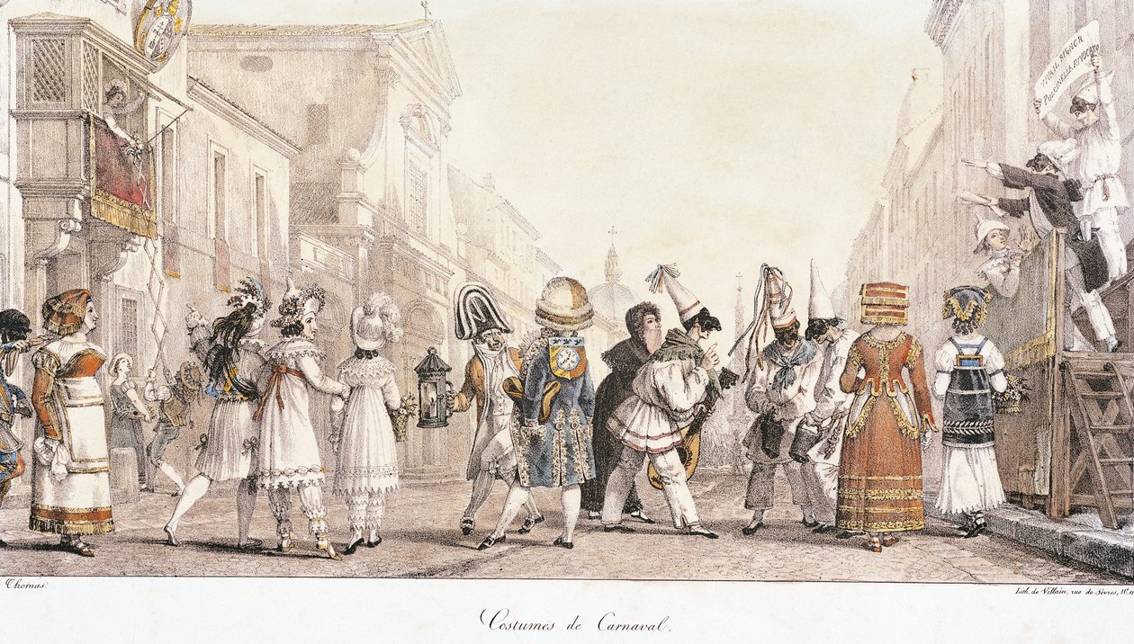 Karnevaaliasut, Antoine-Jean-Baptiste Thomas (1791-1833), akvarelli. Italia tekijältä Antoine Jean Baptiste Thomas