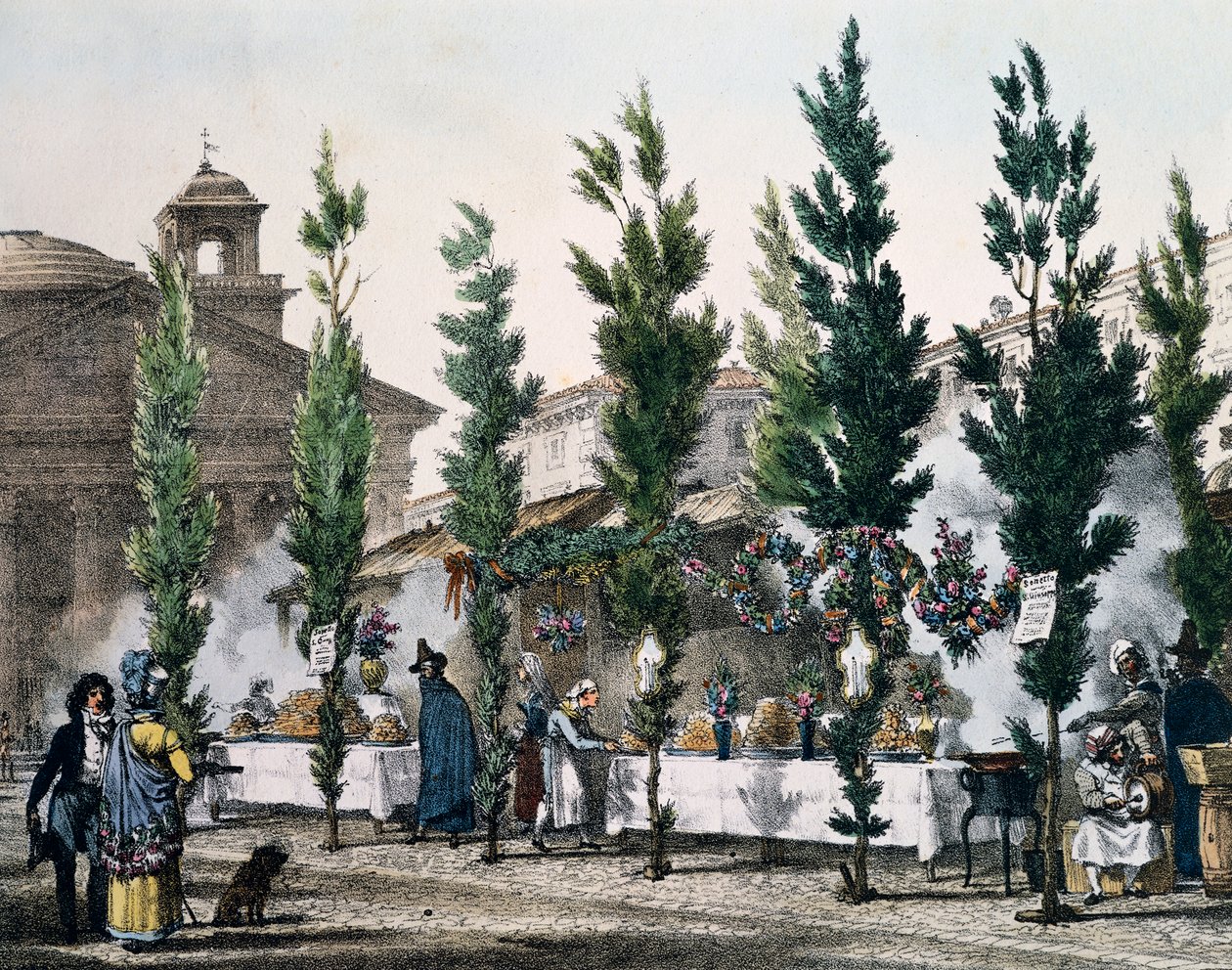 Ruokakeittimet Pantheonissa Pyhän Joosefin juhlan aikana, Antoine Jean-Baptiste Thomasin (1791-1834) kaiverrus Un an a Rome et dans ses environs (Yksi vuosi Roomassa ja sen ympäristössä), Ranska tekijältä Antoine Jean Baptiste Thomas