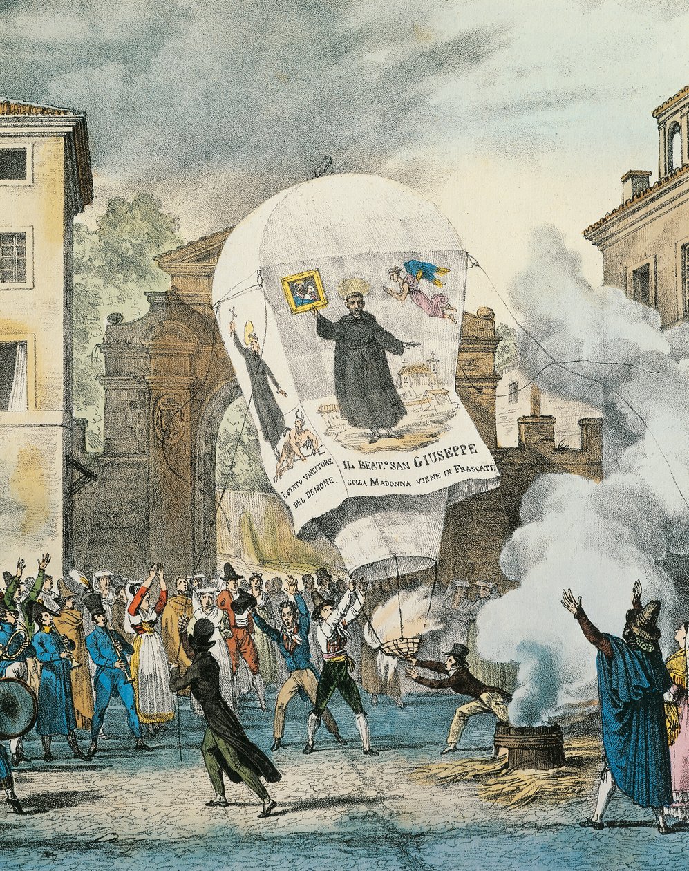 Kuumailmapallo San Giuseppe -päivää varten Roomassa, Antoine-Jean-Baptiste Thomas (1791-1833), print. Yksityiskohta. Italia tekijältä Antoine Jean Baptiste Thomas