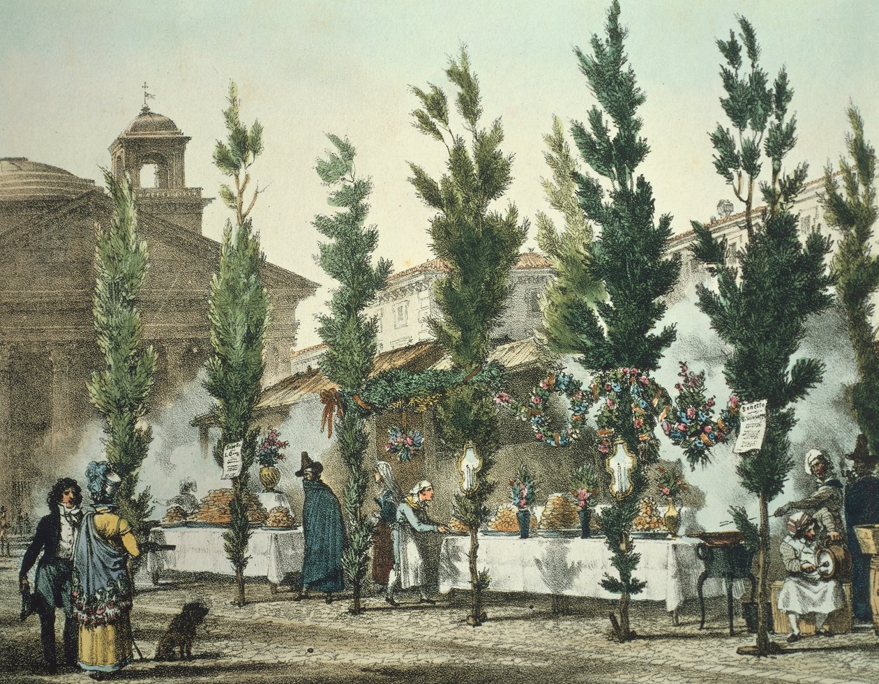 Italia, Rooma, Pantheon katuruokakauppiaat Antoine Jean-Baptiste Thomas, print tekijältä Antoine Jean Baptiste Thomas