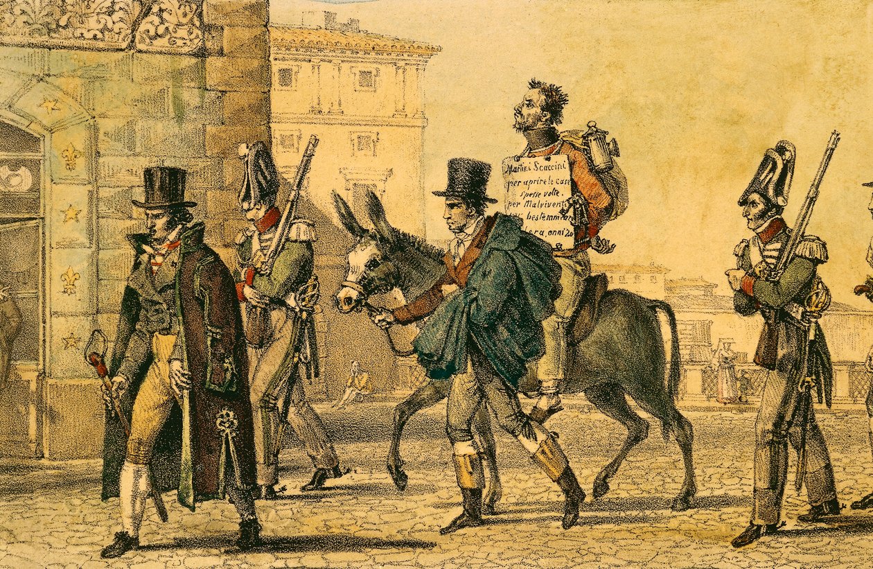 Rangaistus, joka sisälsi aasin selässä kulkemisen kaduilla, litografia Jean-Baptiste-Antoine Thomas (1791-1833) Un-Roomasta tekijältä Antoine Jean Baptiste Thomas