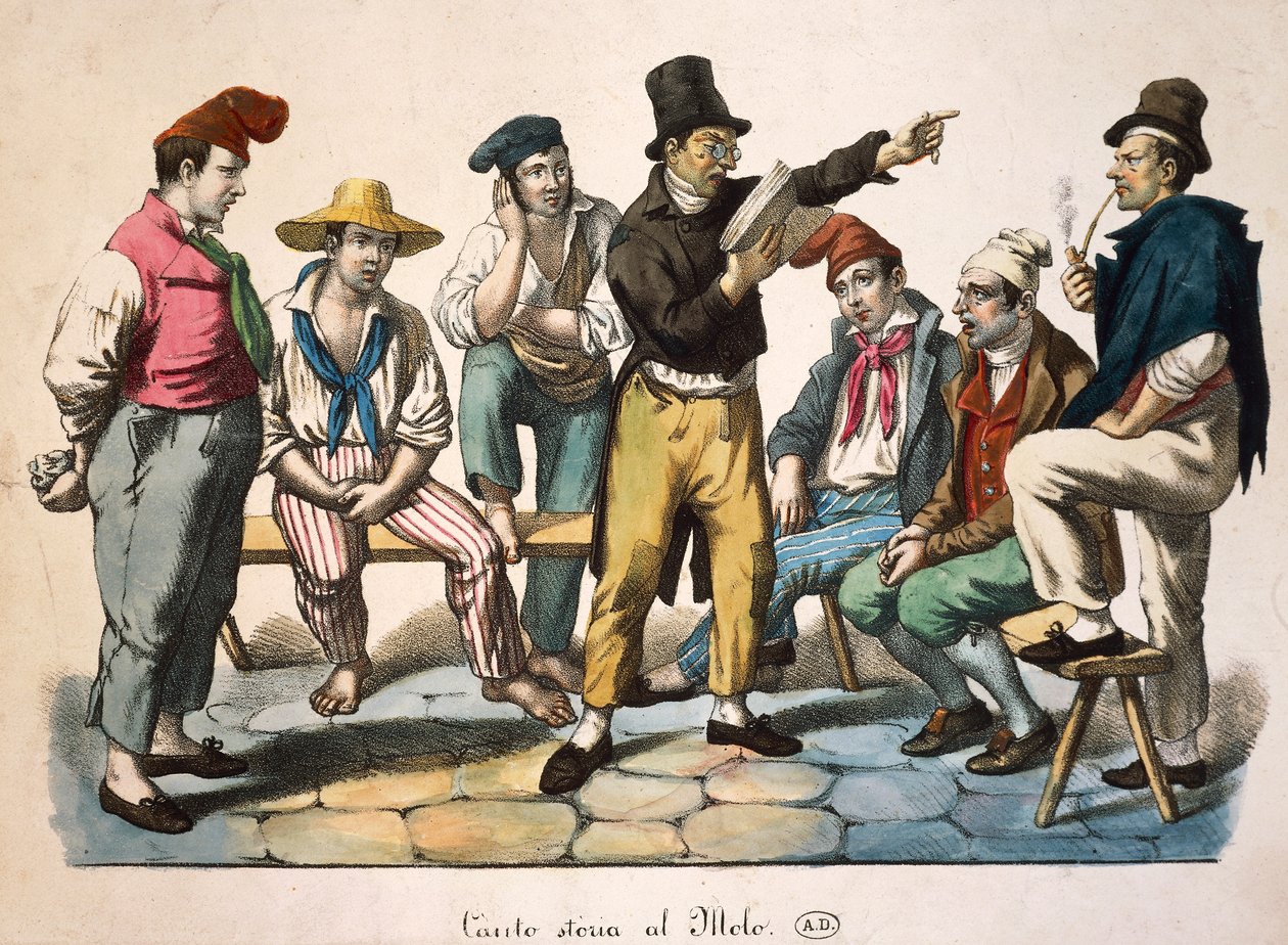 Tarinankertoja telakalla, Antoine-Jean-Baptiste Thomas (1791-1834), print, Ranska tekijältä Antoine Jean Baptiste Thomas