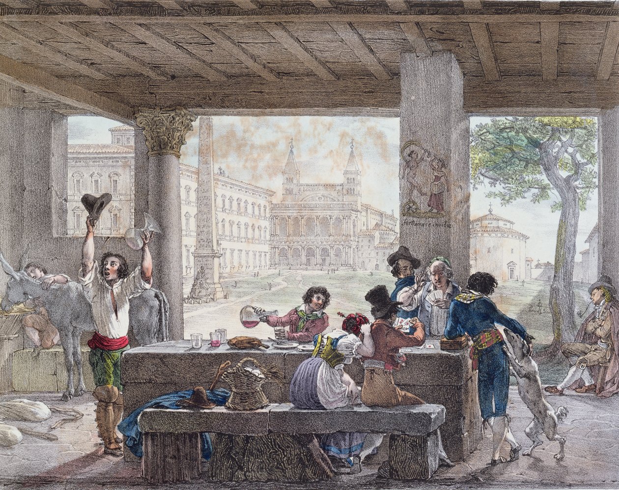 Majatalo Roomassa, kaiverrettu Francois Alexandre Villain (1798-1884) n.1820-30. tekijältä Antoine Jean Baptiste Thomas