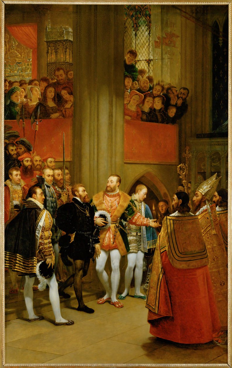 Kuningas Francois I vastaanottaa keisari Kaarle V:n Saint-Denisin luostarissa ... tekijältä Antoine Jean Gros