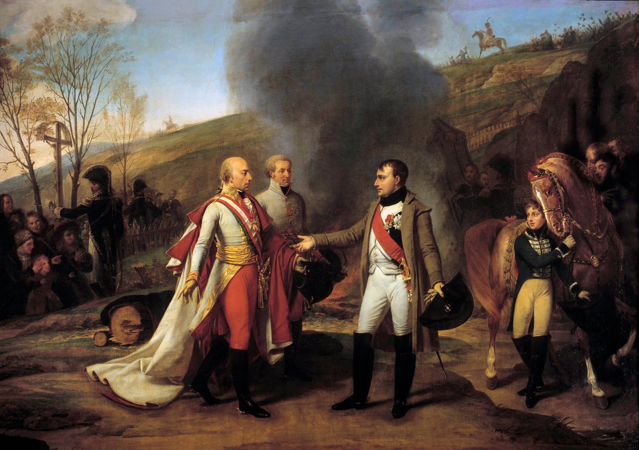 Napoleon I:n (1769-1821) ja Francois II:n (1768-1835) haastattelu Sarutschitzissa Määrissä Austerlitzin taistelun jälkeen, 12.4.1805 Jäljelle jäi Francois II, Johannes I Liechtenstein (1760-1836). Antoine Jean Grosin (1771-1835) maalaus. 1800-luvulla. Himm tekijältä Antoine Jean Gros