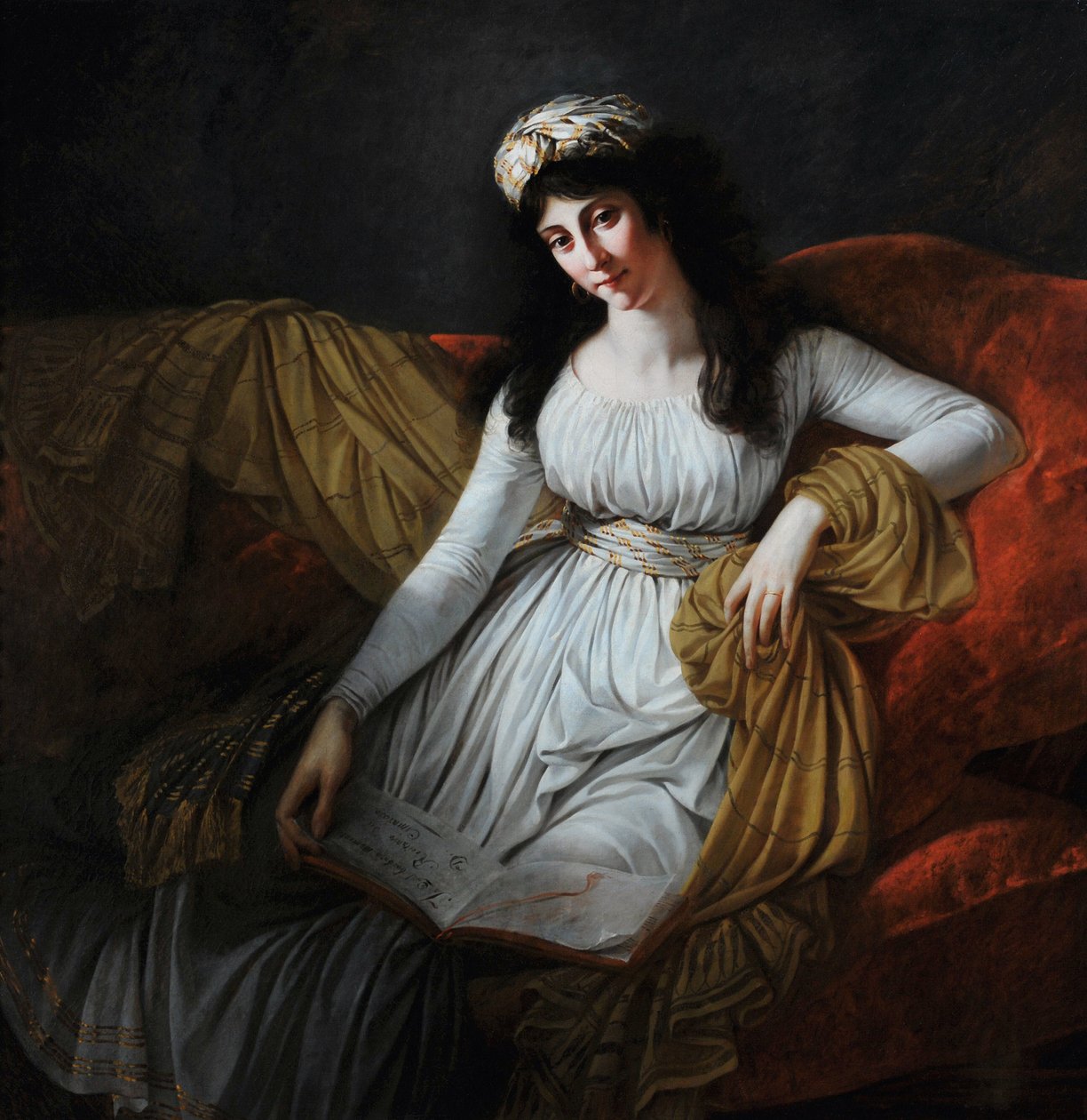 Madame Fravegan muotokuva (kirjoitus kirjassa "In qual barbaro momento recitativo by D. Cimarosa") (öljy kankaalle) tekijältä Antoine Jean Gros