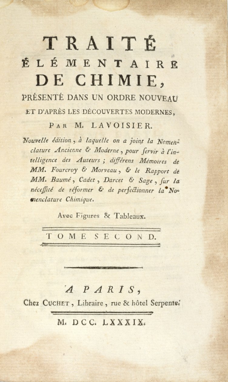 Traite Elementaire de Chimie, Tome II, Pariisissa, 1789 julkaistun nimisivu (painettu) tekijältä Antoine Laurent de Lavoisier