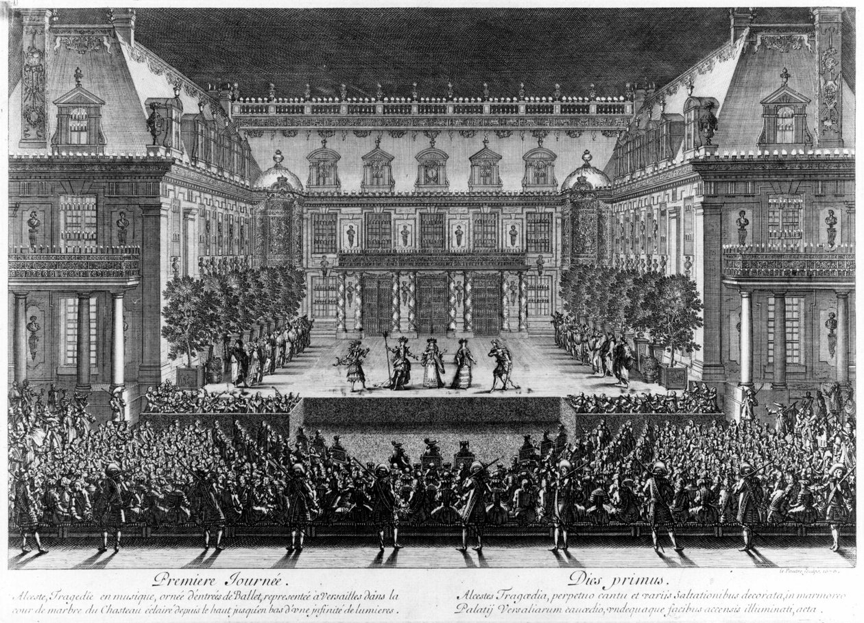 Edustus Versaillesin linnan marmoripihalla Jean Baptiste Lullyn (Giovanni Battista Lulli) (1632-1687) "Alcestea" Franche Comten (1674) elpymisen kunniaksi annetuissa juhlissa. Le Pautren kaiverrus (16 tekijältä Antoine Le Pautre