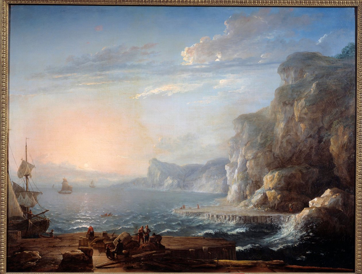 Auringonlasku Kallioiden ja kivien maisema merellä, jossa kalastajat etualalla. Antoine Lebelin (1705-1793) maalaus 1700-luvun aurinko. 0,9x1,16 m Rouen, musee des Beaux Arts tekijältä Antoine Lebel