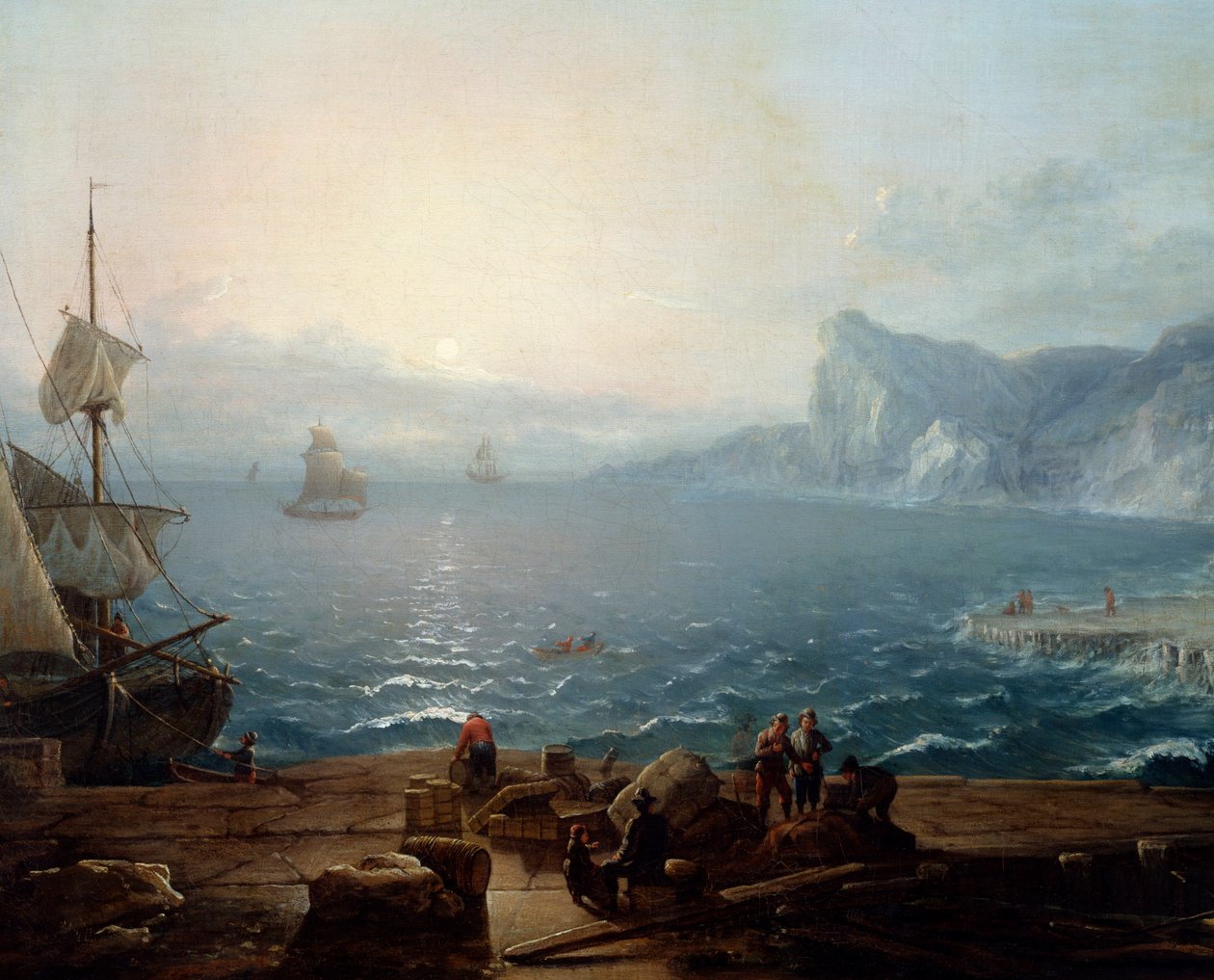 Auringonlasku Kallioiden ja kivien maisema merellä, jossa kalastajat etualalla. Yksityiskohta. Antoine Lebelin (1705-1793) maalaus 1700-luvun aurinko. 0,9x1,16 m Rouen, musee des Beaux Arts tekijältä Antoine Lebel