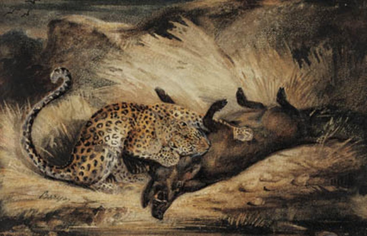 Leopardi syö villisian. tekijältä Antoine Louis Barye