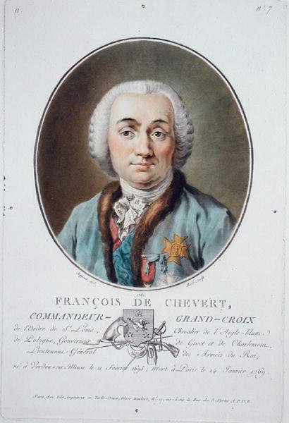Francois de Chevert (1695-1769) teoksesta "Muotokuvia suurista miehistä, maineikkaista naisista ja ikimuistoisista Ranskan kohteista", Riden kaivertama, julkaistu 1787-92 (värilitho) tekijältä Antoine Louis Francois (after) Sergent Marceau
