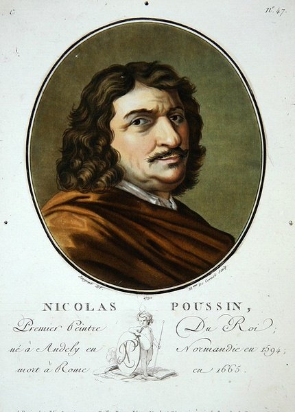 Nicolas Poussin teoksesta "Muotokuvia suurista miehistä, maineikkaista naisista ja ikimuistoisista Ranskan aiheista, kaiverrettu ja painettu värillisesti", julkaisija Pierre Blin tekijältä Antoine Louis Francois (after) Sergent Marceau