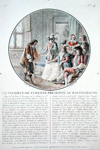 Turennen varakreivi (1611-75) esitetään Espanjan kuninkaalle Philip IV:lle (1605-65) L. Rogerin kaivertamana tekijältä Antoine Louis Francois (after) Sergent Marceau