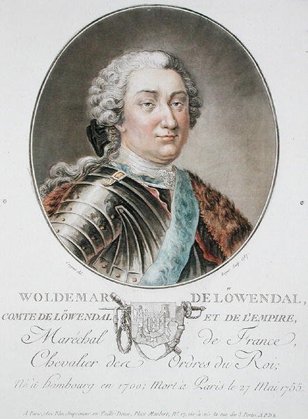 Woldemar de Lowendal (1700-55) 1787, teoksesta "Muotokuvia suurista miehistä, maineikkaista naisista ja ikimuistoisista Ranskan kohteista", kaiverrus Roger, julkaistu 1787-92 (värilitho) tekijältä Antoine Louis Francois (after) Sergent Marceau