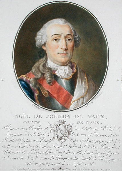 Noel de Jourda de Vaux (1705-88) 1789, teoksesta "Muotokuvia suurista miehistä, maineikkaista naisista ja ikimuistoisista Ranskan aiheista", julkaistu 1787-92 (värilitho) tekijältä Antoine Louis Francois Sergent Marceau