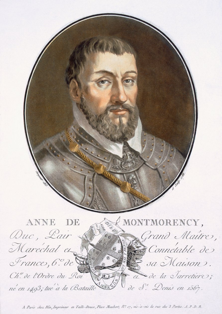 Anne de Montmorency, kirjasta Muotokuvia suurista miehistä, maineikkaista naisista ja ikimuistoisista Ranskan kohteista, kaiverrettu ja painettu värillisesti, julkaisija Pierre Blin, 1786-92, Pariisi (värikaiverrus) tekijältä Antoine Louis Francois Sergent Marceau
