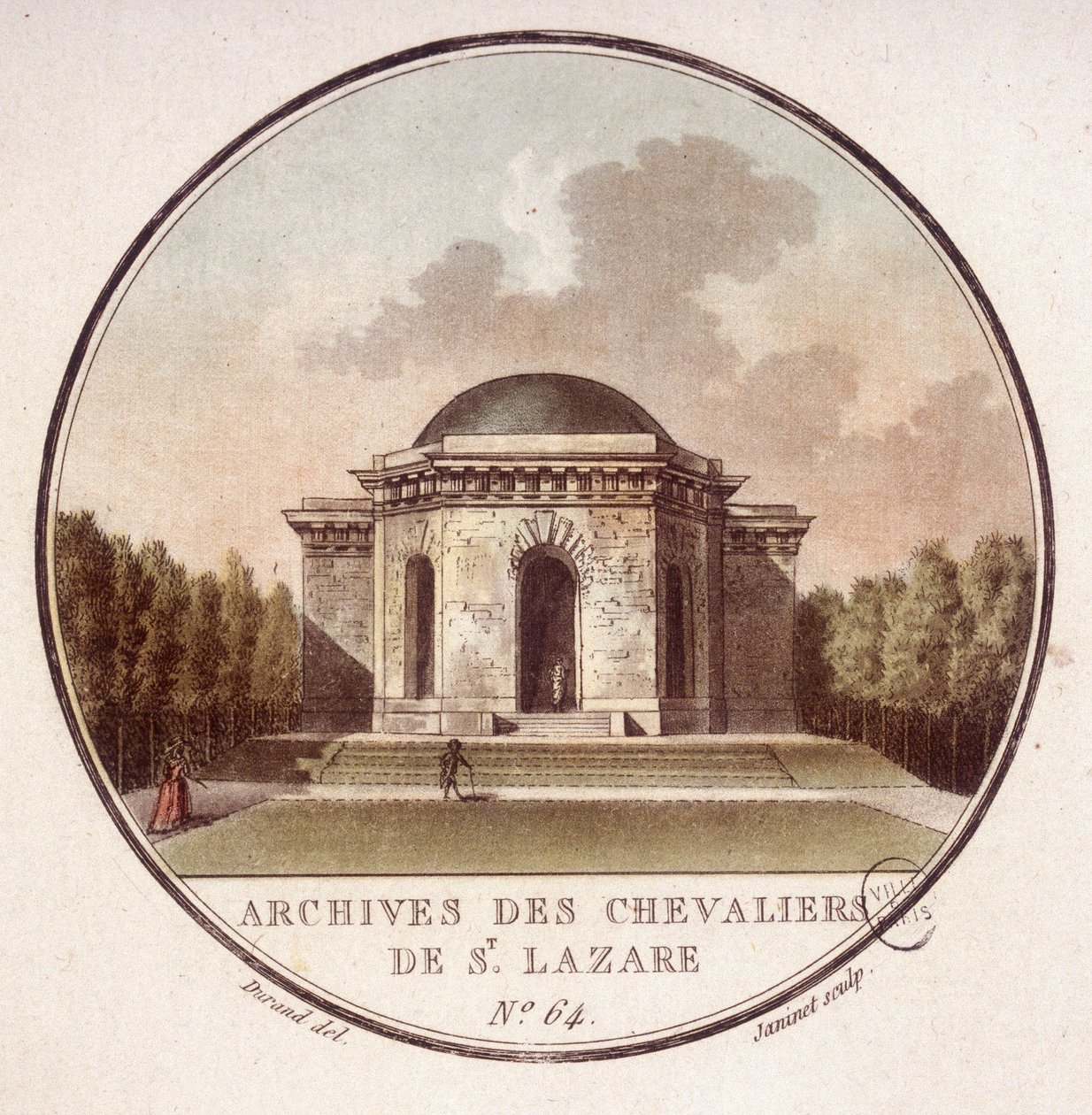 Pyhän Lasaruksen ritarien arkisto Pariisissa. Kersantin prittoreskissa näkymässä Pariisin päärakennuksiin tekijältä Antoine Louis Francois Sergent Marceau