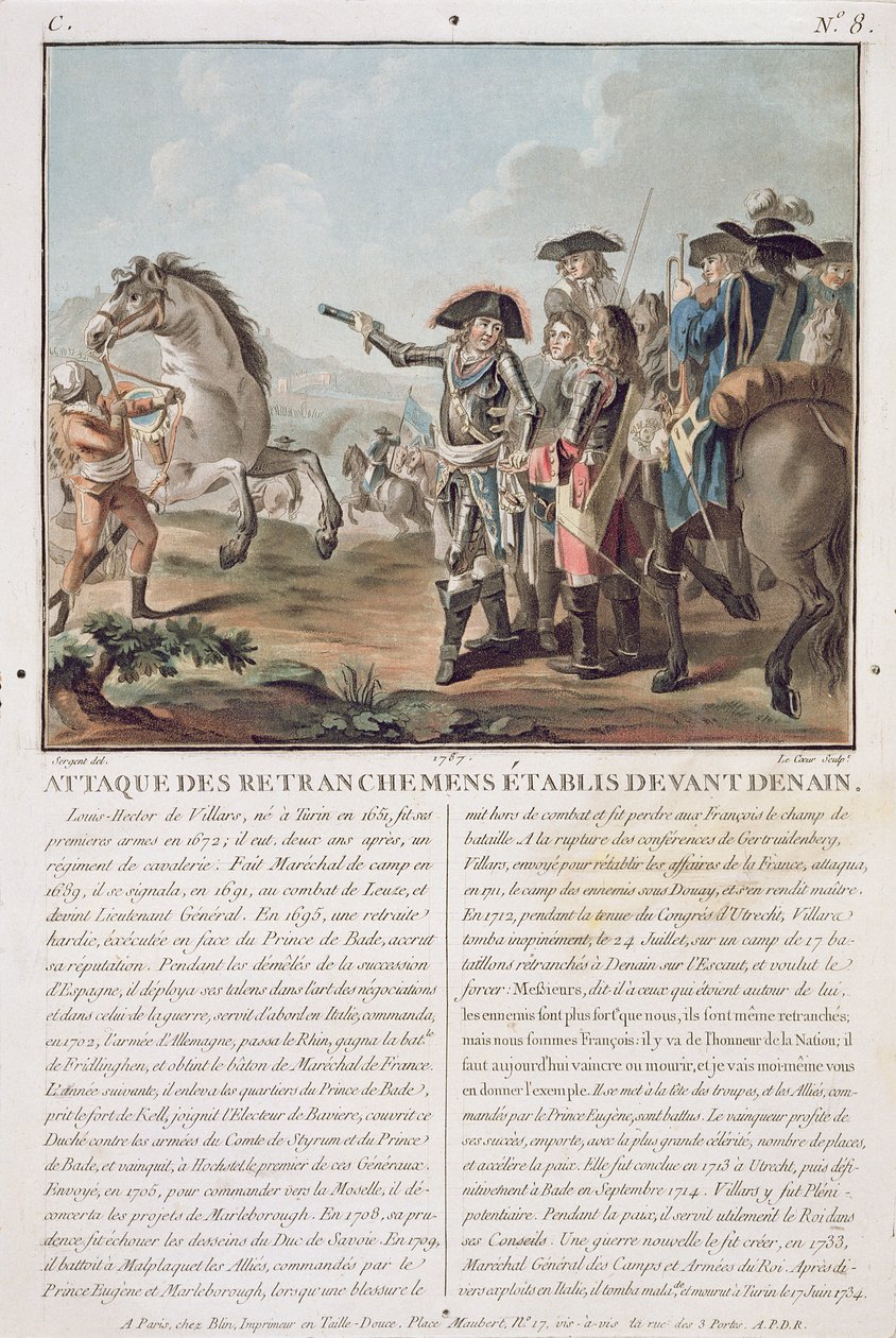 Hyökkäys Denainin eteen perustettuihin juoksuhautoja vastaan, 1712, kaiverrus Louis Le Coeur (fl.1780-1800), 1787 tekijältä Antoine Louis Francois Sergent Marceau