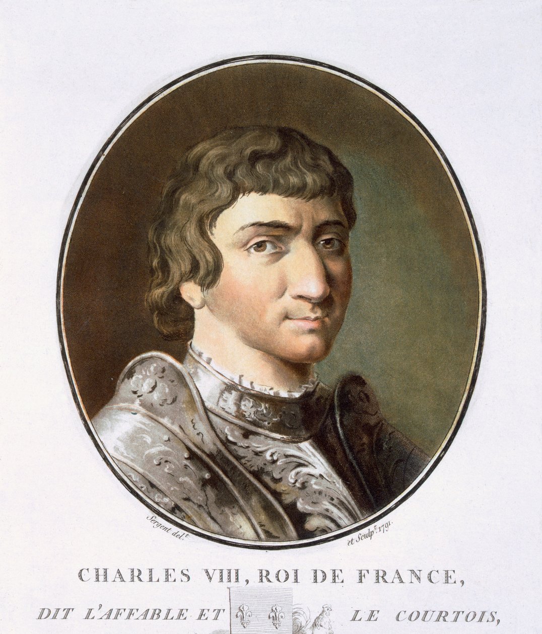 Charles VIII, teoksesta Muotokuvia suurista miehistä, maineikkaista naisista ja ikimuistoisista Ranskan kohteista, kaiverrettu ja painettu värillisesti, julkaissut Pierre Blin, 1786-92, Pariisi (värikaiverrus) tekijältä Antoine Louis Francois Sergent Marceau